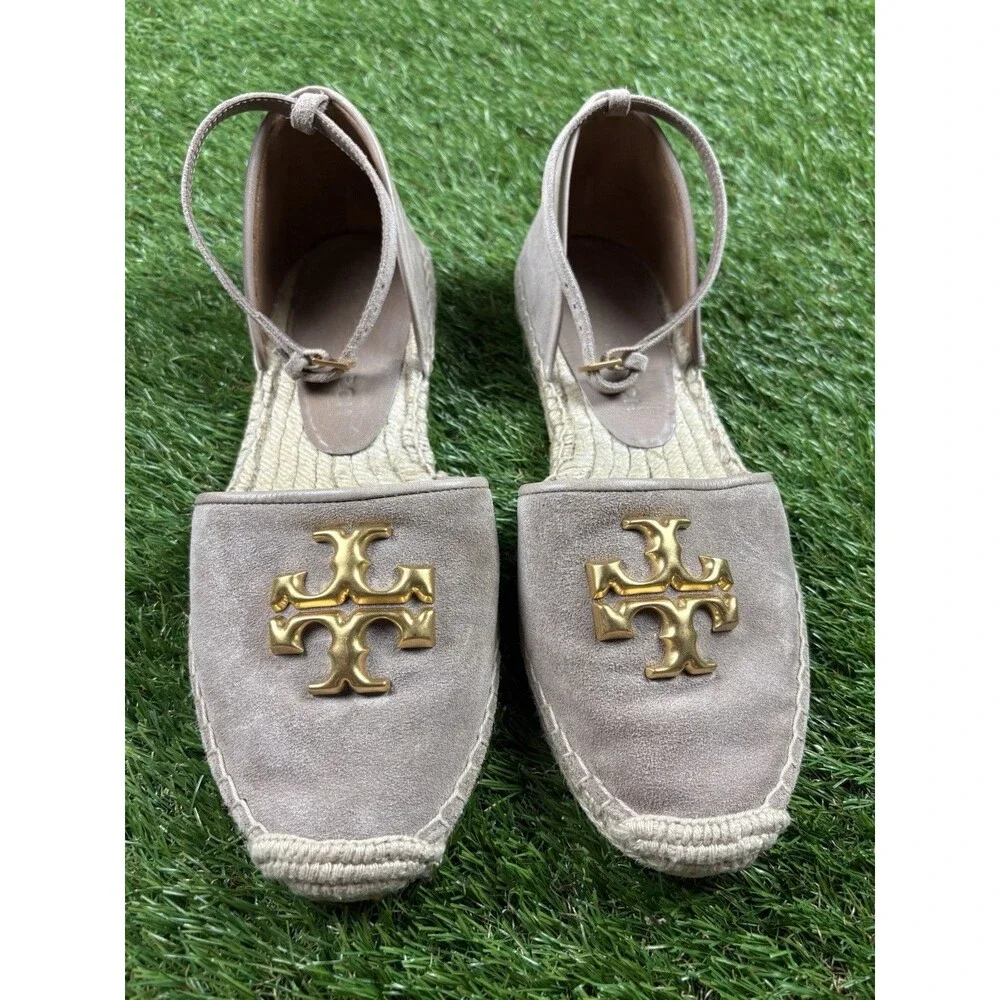Tory Burch Eleanor Dorsay Logo Plaque Espadrilles Sz 7.5 Ankle Strap